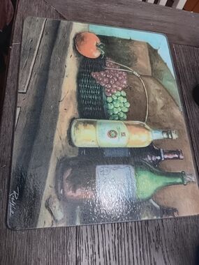 Rustic Wine Still Life Cutting Board - Green, Yellow, Brown. 12 By 15 Inches